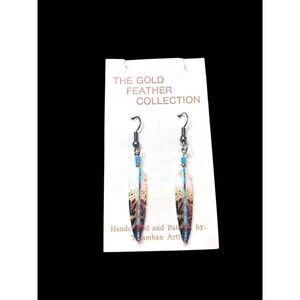 Vtg Hand Carved & Painted Feather Drop Shape Dangle Earrings Talamban Artisan